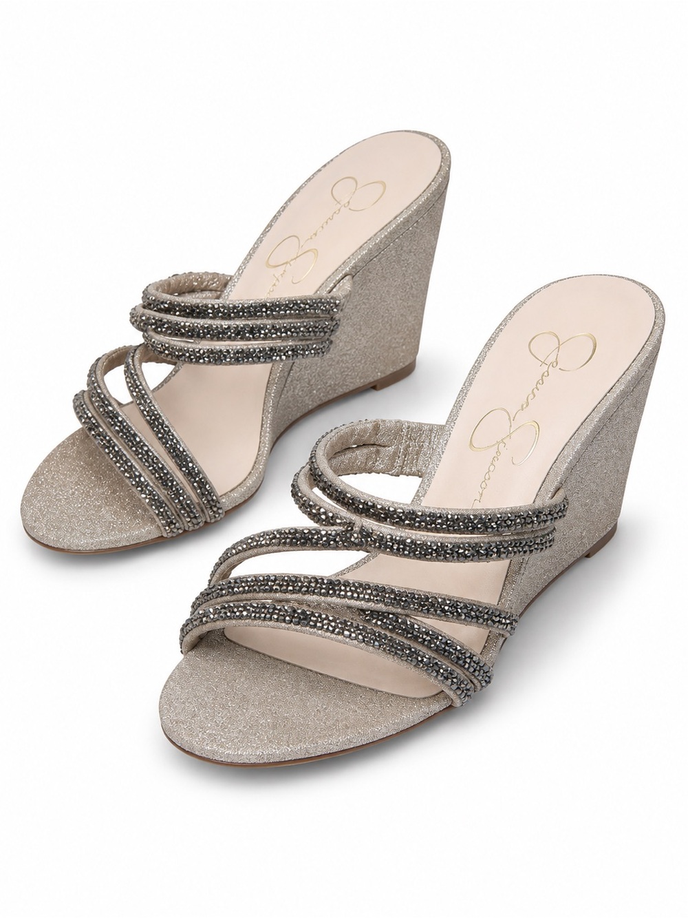 NEW Jessica Simpson Champagne Glitter Multi-Strap Wedges